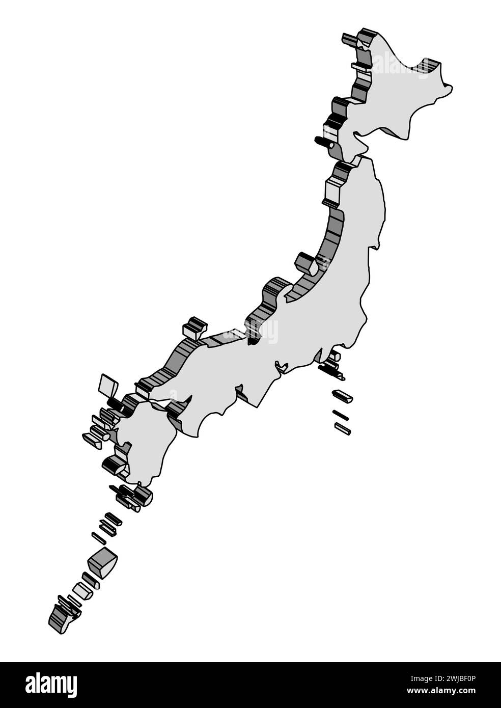 Umrisssilhouette 3D-Karte von Japan isoliert über einem weißen japanischen aufgehenden Sonnenschein Stockfoto