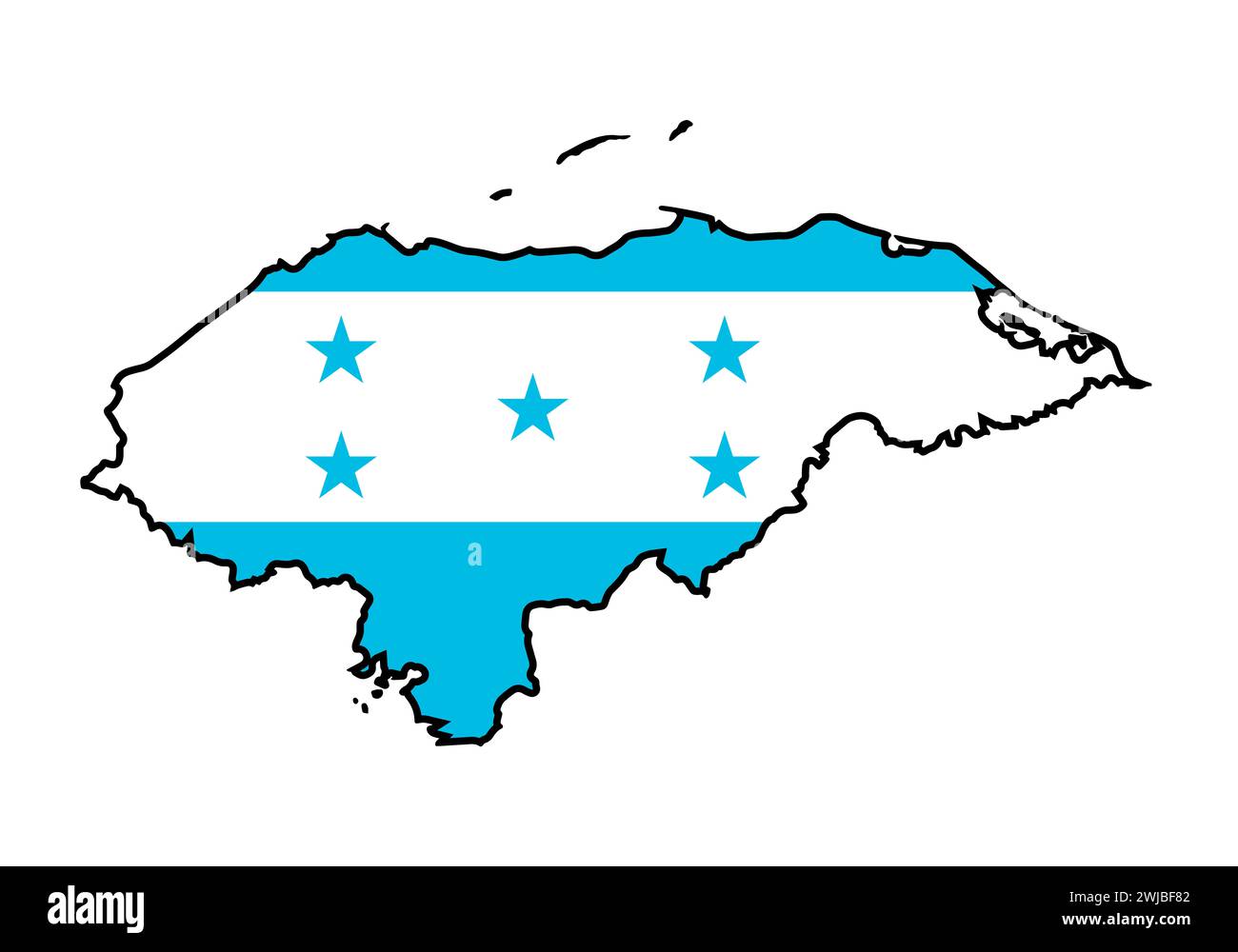 Schwarze Silhouettenkarte von Honduras auf weißem Hintergrund mit eingefasster Nationalflagge Stockfoto