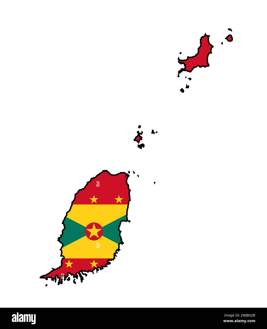 Grenada Insel in der Karibik in schwarzer Silhouette mit Flagge auf weißem Hintergrund Stockfoto