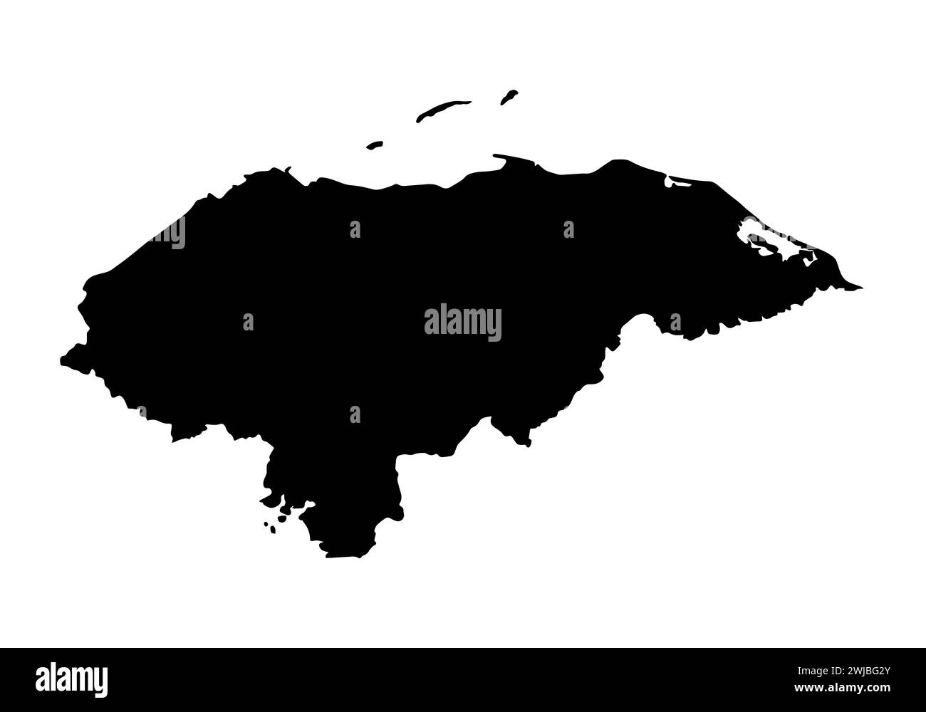 Schwarze Silhouettenkarte von Honduras auf weißem Hintergrund Stockfoto