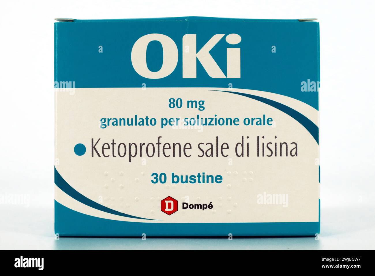 OKI-Medizin mit einer Lösung des Ketoprofen-Lysinsalzes. OKI ist eine Marke der Dompé Farmaceutici S.p.A. in Italien Stockfoto