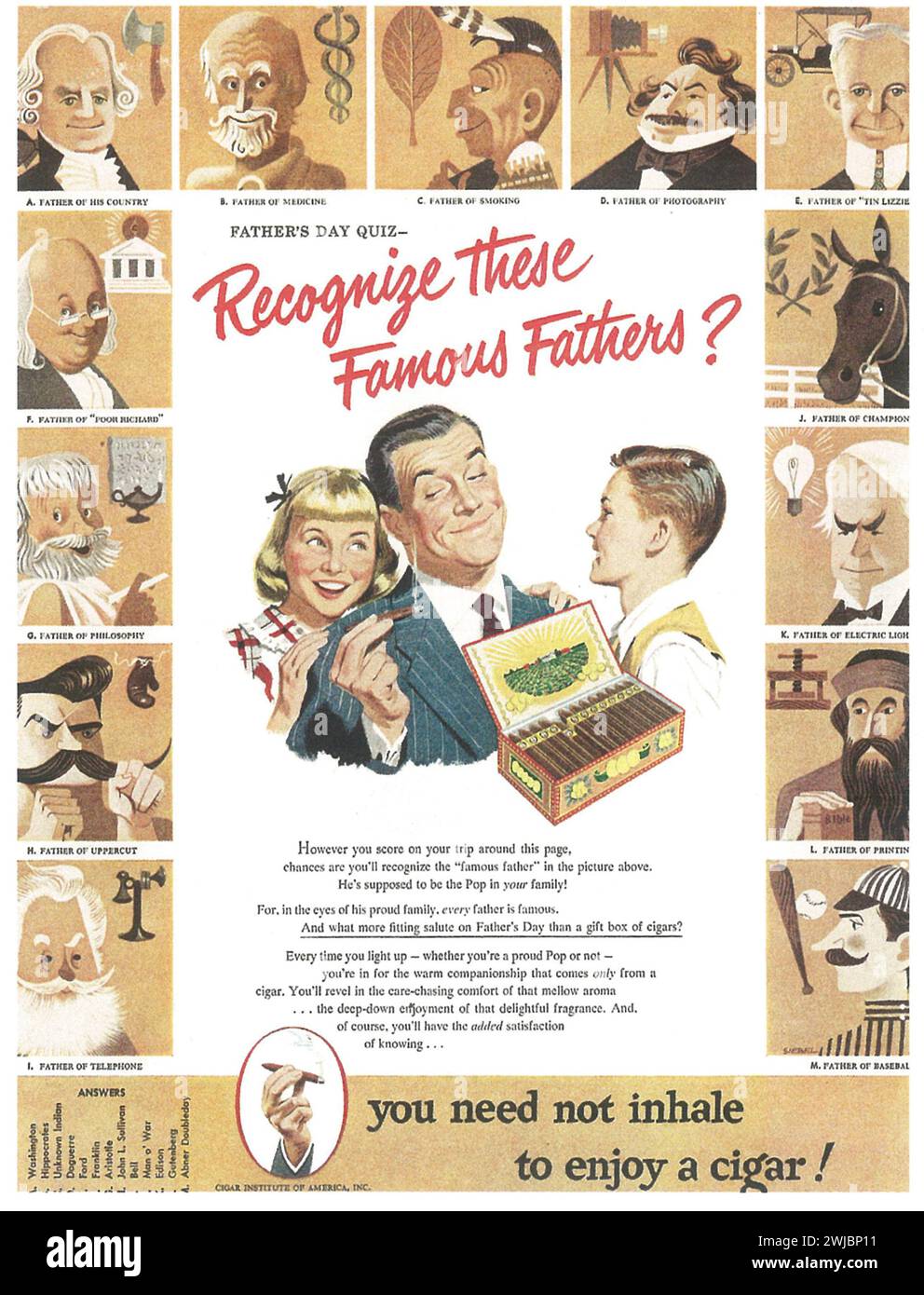 Zigarren aus den 1950er Jahren drucken. „Vatertag-Quiz“. Cigar Institute of America Werbespot „du brauchst nicht einzuatmen, um eine Zigarre zu genießen“ Stockfoto