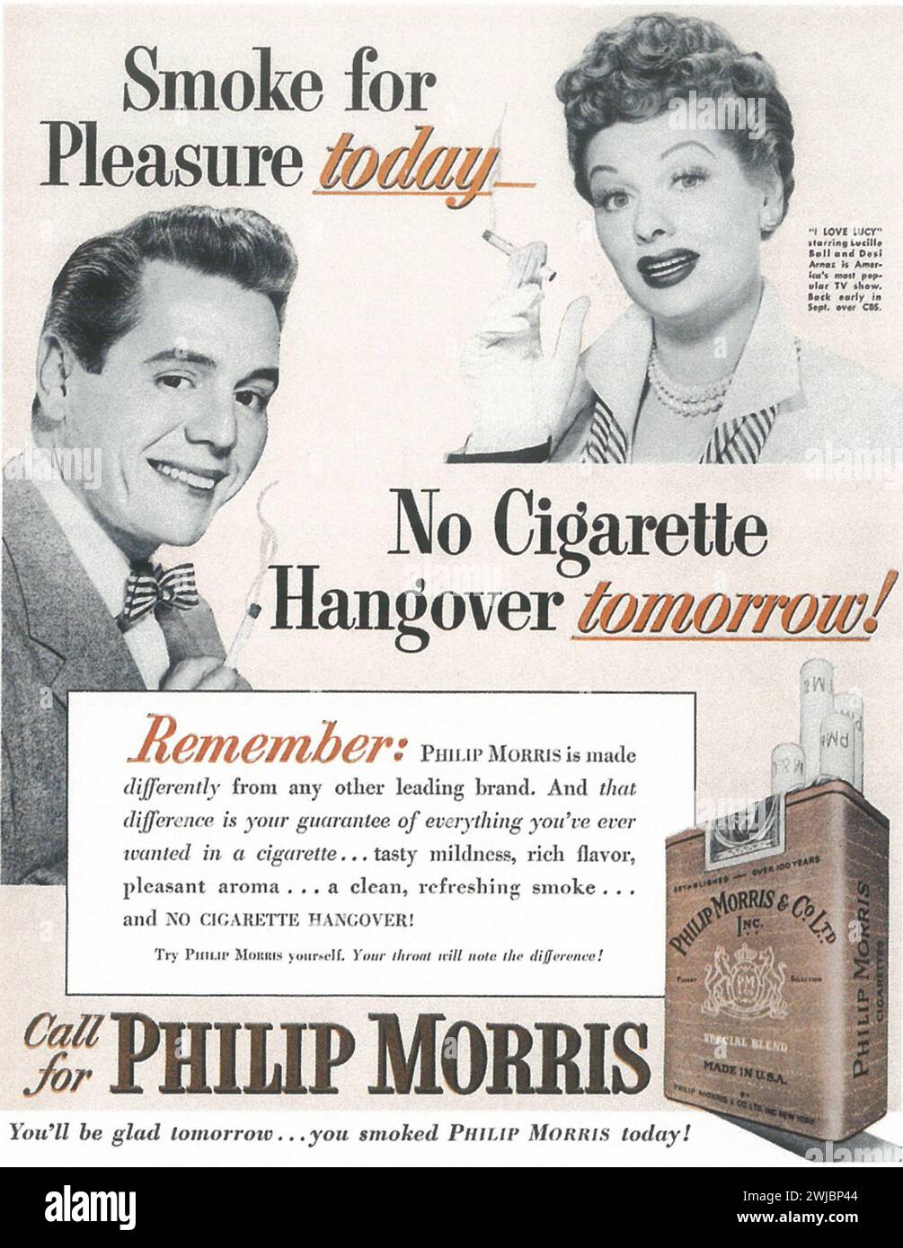 1952 Philip Morris Zigaretten-Werbespot. "Rauch zum Vergnügen today...no Zigarettenkater morgen. Ruf nach Philip Morris." Stockfoto