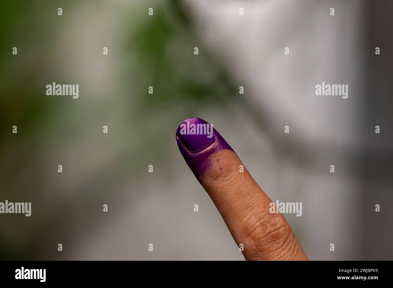 Ein mit blauer Tinte befleckter Finger zeigt, dass ein Bewohner an der Wahl eines neuen Präsidenten in Indonesien beteiligt war. Stockfoto