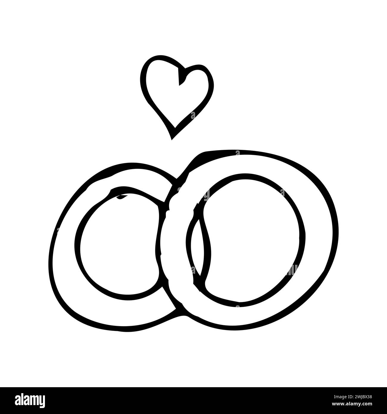 Handgezeichnete Kritzelskizze von Eheringen für Paar und Herz. Vektordarstellung isoliert. Doodle-Zeichensymbol kann für Einladungsdesign, Grußkarte, Festbanner verwendet werden. Stock Vektor
