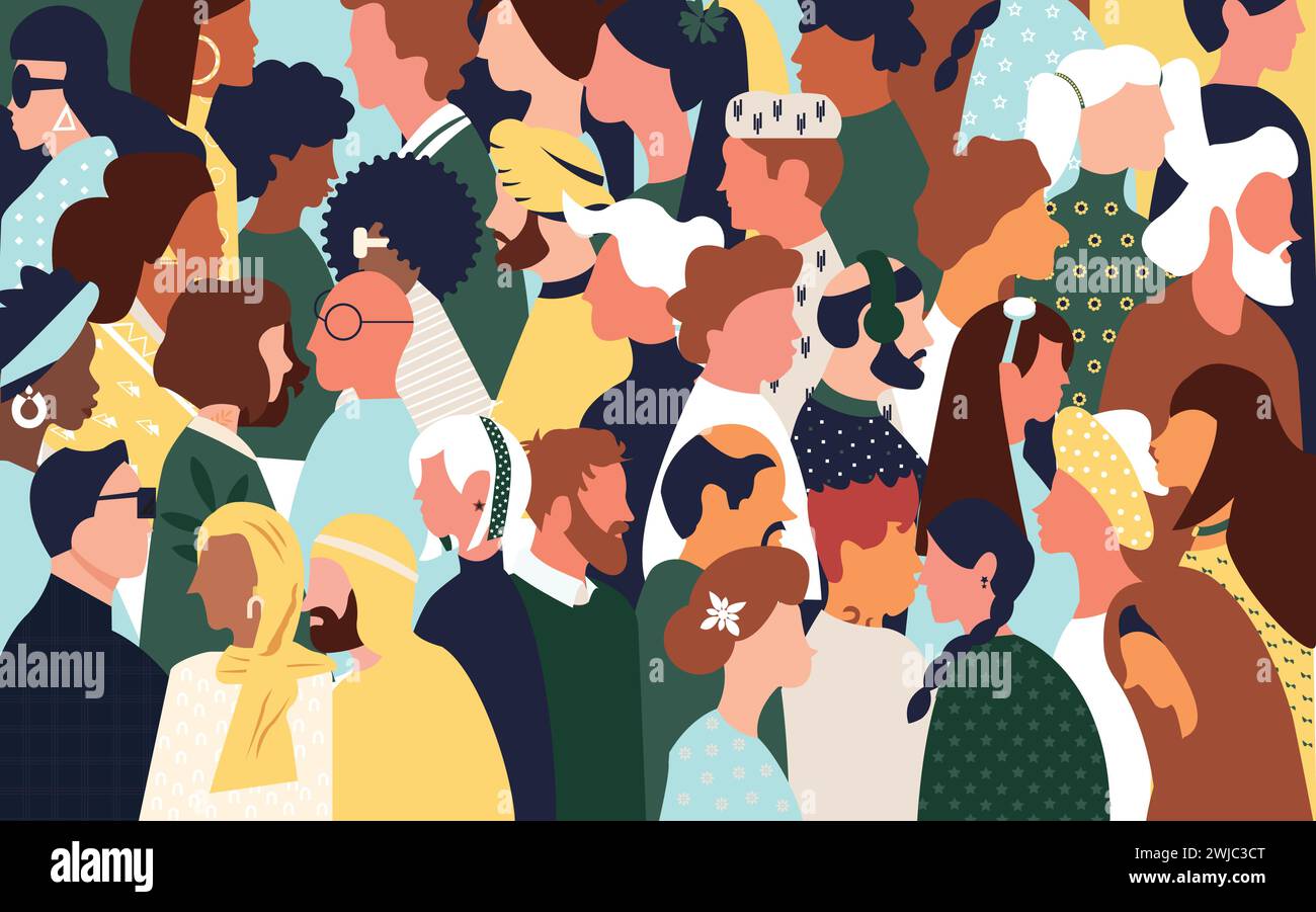 Flache Illustration mit inklusiven und vielfältigen überfüllten Menschen, die alle zusammen Intoleranz zeigen Stock Vektor