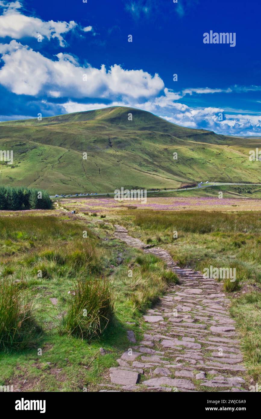 Ein alter Weg teilt ein malerisches Tal unter einem lebendigen Himmel: Pen y Fan, Brecon Beacons National Park, Wales Stockfoto