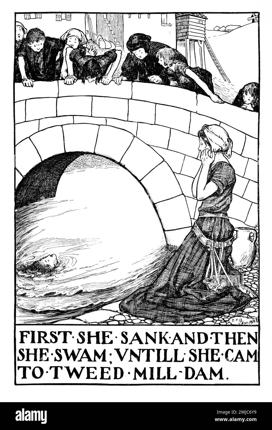1901-zeilige Illustration der traditionellen Mord-Ballade The TWA Sisters von der Künstlerin Eleanor Fortescue Brickdale: „Zuerst sank sie und dann schwamm sie bis SH Stockfoto
