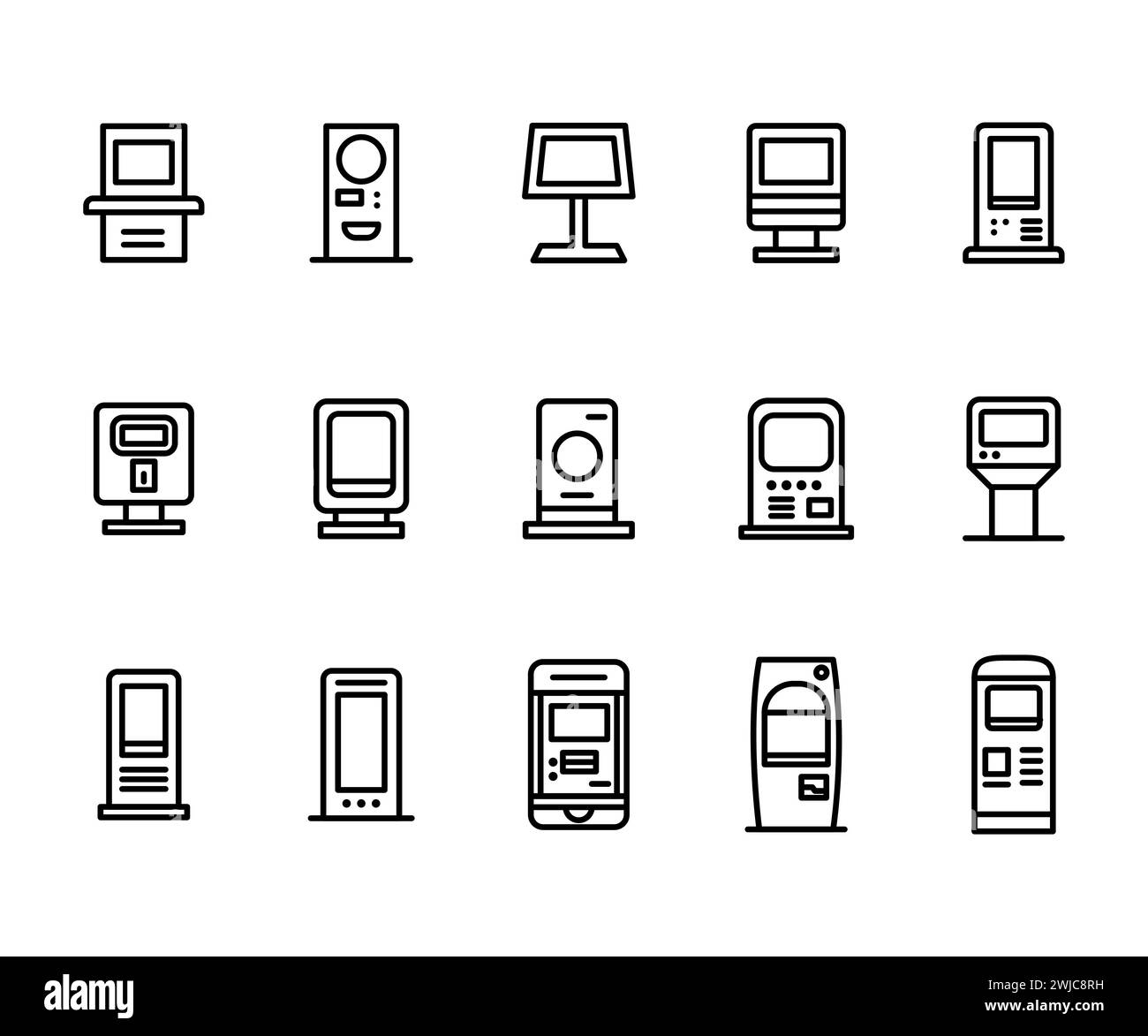 Vektorsymbol mit schwarzer Linie für das Kioskterminal. Piktogramm für interaktive digitale Zahlungsgeräte. Bildschirm Computer für Auftrags- und Geschäftssymbol. Airpo Stock Vektor