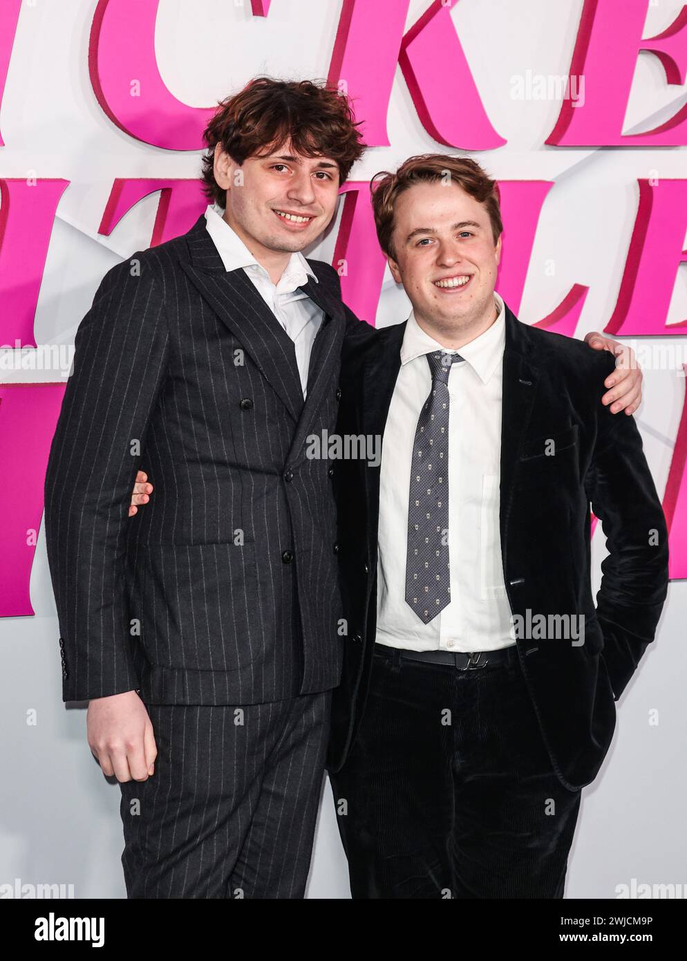 London, Großbritannien. Februar 2024. Jordan Sangha und Henry Southan nehmen an der europäischen Premiere von „Wicked Little Letters“ am Odeon Luxe Leicester Square in London Teil. (Foto: Brett Cove/SOPA Images/SIPA USA) Credit: SIPA USA/Alamy Live News Stockfoto