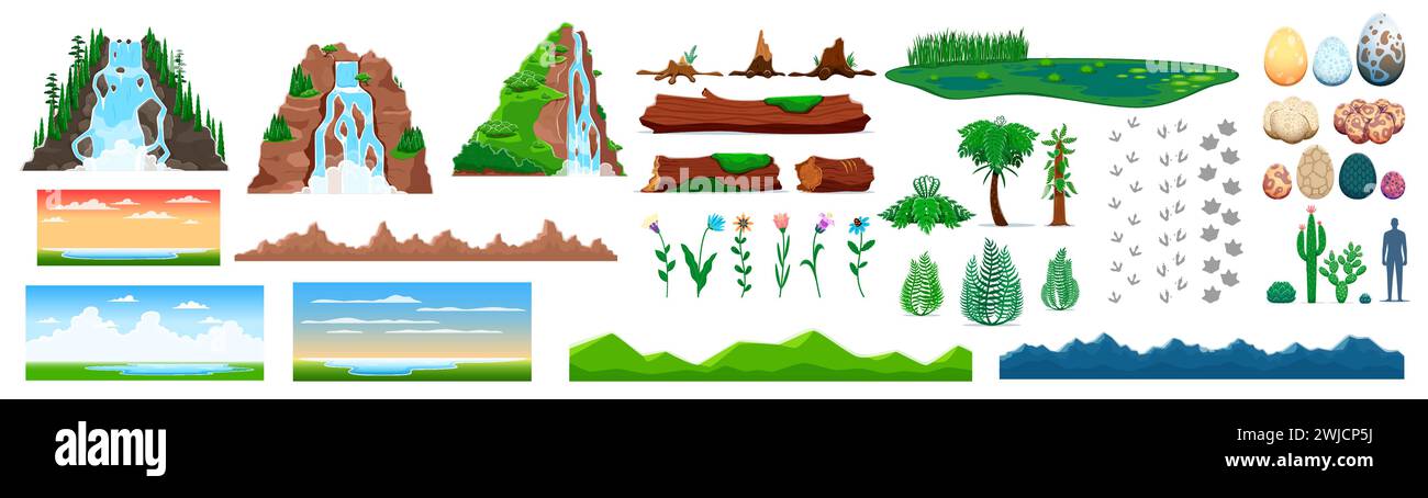 Naturspielelemente aus der Jurassic-Ära des Dinosauriers, Vektor-Wasserfall-Kaskade und See, Berge und Fluss. Dino-Eier und Fossilien, Himmel und Blumen, Farn, Stümpfe und Baumstämme für Dinosaurier-Arcade-Spiel Stock Vektor