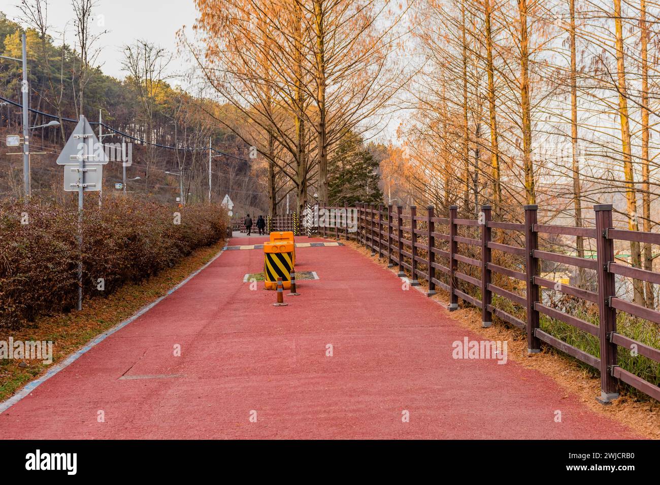 Verkehrspoller und Barrieren auf dem gepflasterten Fußgängerweg in ländlicher Umgebung in Daejeon, Südkorea Stockfoto