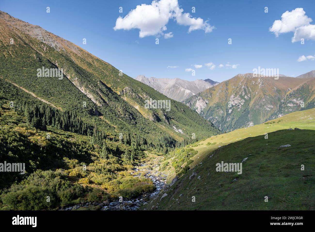 Landschaft in den Tien Shan Bergen, nahe Altyn Arashan, Kirgisistan Stockfoto