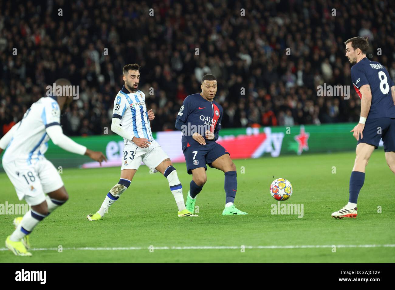 Paris, Frankreich. Februar 2024. © PHOTOPQR/LE PARISIEN/Le Parisien/Arnaud Journois ; PARIS ; 14/02/2024 ; FUSSBALL, LIGUE DES CHAMPIONS UEFA, HUITIEMES DE FINALE ALLER, 14.02.2024, PARIS, PARC DES PRINCES/PARIS SG - REAL SOCIEDAD /PHOTO LE PARISIEN/ARNAUD JOURNOIS Kylian Mbappé Credit: MAXPPP/Alamy Live News Stockfoto