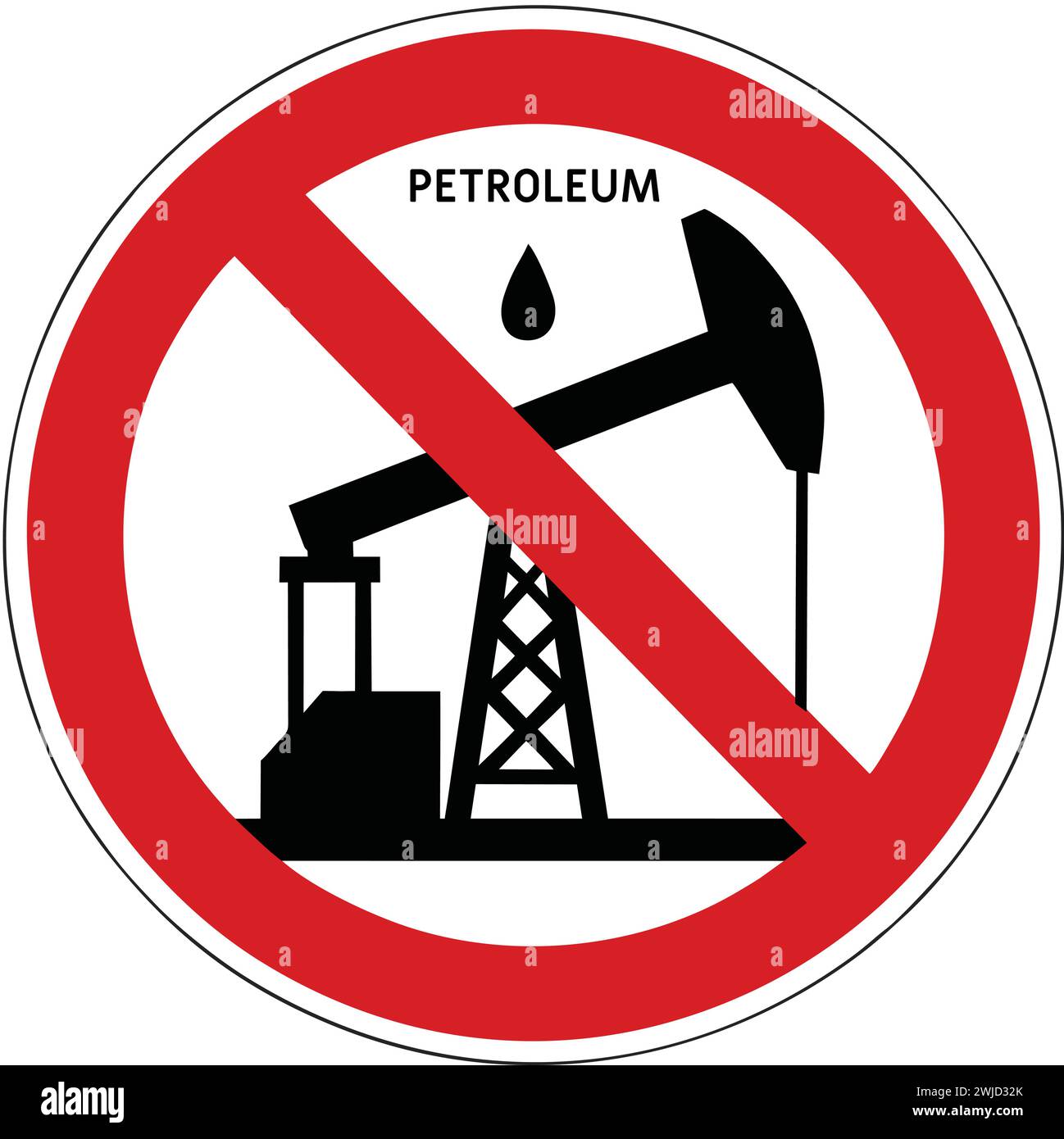 Die Verwendung von Erdölprodukten ist verboten. Verbotsschild. Nach dem Beschluss der UN-Konferenz COP28 ist die Verwendung von Erdölprodukten nicht mehr möglich Stock Vektor