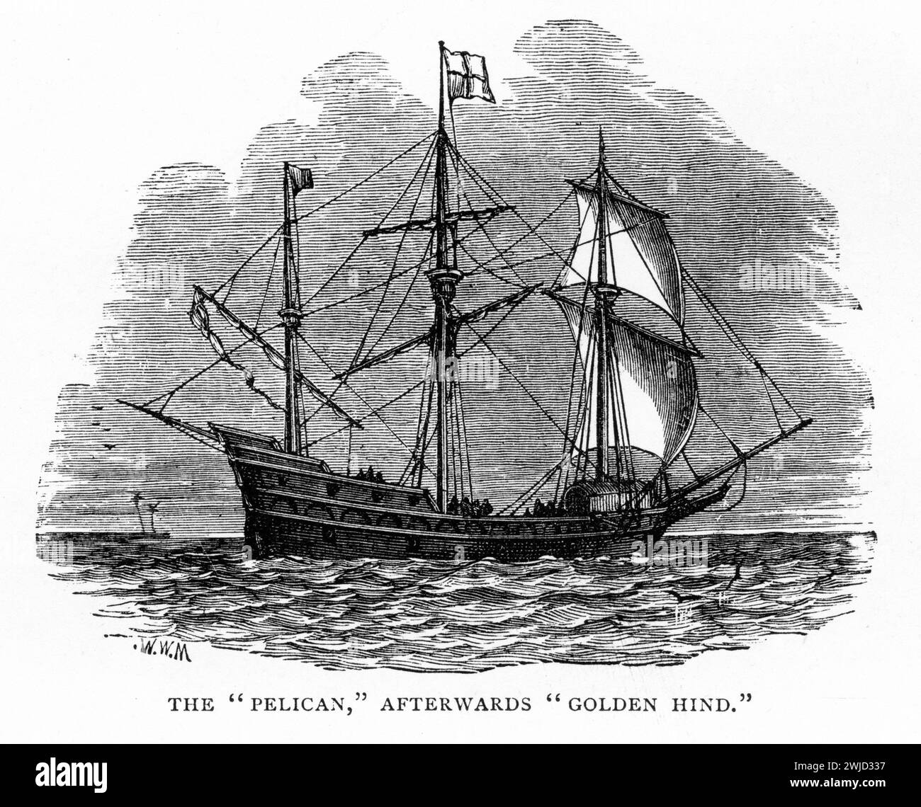 Der Pelikan, später der Goldene Hind, eine Galeone, die von Francis Drake bei seiner Weltumrundung zwischen 1577 und 1580 angeführt wurde. Stockfoto