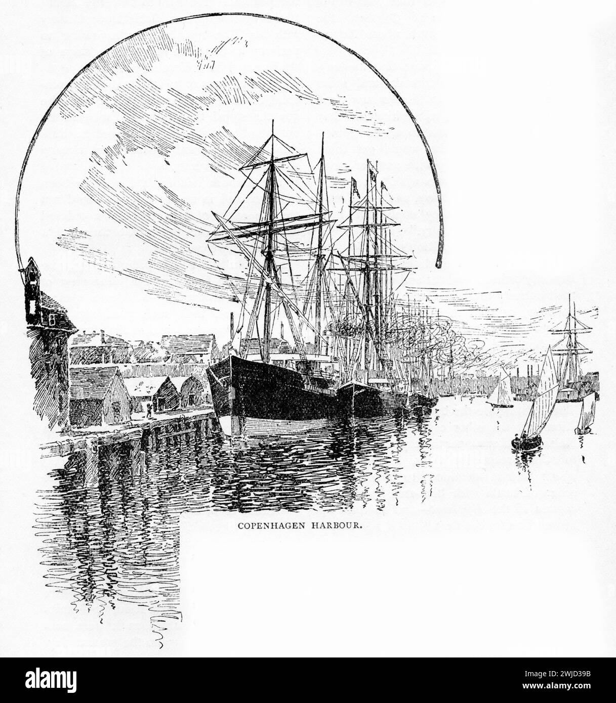 Dampfschiff im Kopenhagener Hafen, um 1900 Stockfoto