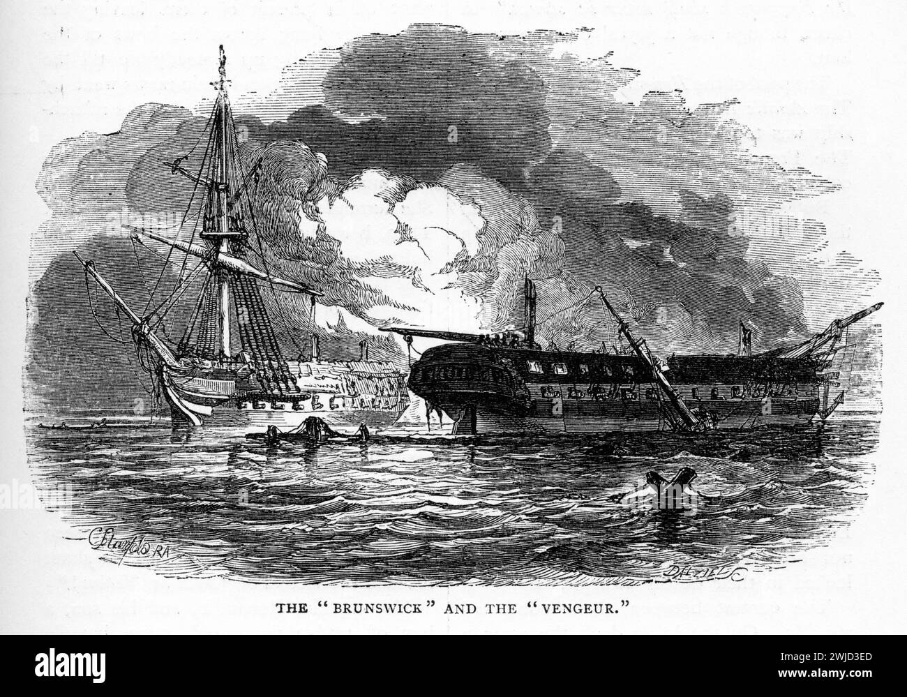 HMS Brunswick and the Venguer, veröffentlicht 1904. Die HMS Brunswick war ein Schiff der Royal Navy mit 74 Kanonen, das am 30. April 1790 in Deptford startete. Sie wurde erstmals im folgenden Monat unter Sir Hyde Parker für die spanische Rüstung in Auftrag gegeben, wurde aber nicht in Aktion gesetzt. Als die russische Rüstung im August 1791 ohne Konflikt gelöst wurde, trat Braunschweig als Wachschiff im Hafen von Portsmouth in Dienst. Sie schloss sich Richard Howes Kanalflotte bei Ausbruch des Französischen Unabhängigkeitskrieges an und war bei der Schlacht am glorreichen 1. Juni anwesend, wo sie eine harte Aktion kämpfte Stockfoto
