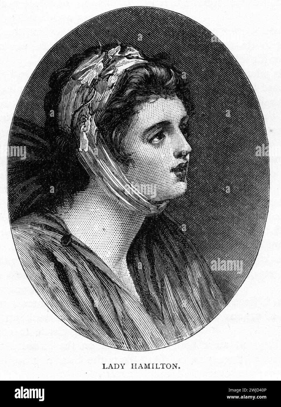 Porträt von Dame Emma Hamilton (* 1765–1815 in London als Amy Lyon), bekannt als Emma Hart und nach der Heirat als Lady Hamilton, eine englische Dienstmädchen, Model, Tänzerin und Schauspielerin. Sie begann ihre Karriere in Londons Halbmonde und wurde zur Geliebten einer Reihe wohlhabender Männer, die ihren Höhepunkt in dem Marineheld Lord Nelson erreichte. Sie war das Lieblingsmodell und Muse des Porträtisten George Romney. Das Bild wurde um 1900 veröffentlicht. Stockfoto Porträt von Dame Emma Hamilton (* 1765–1815 in London als Amy Lyon), bekannt als Emma Hart und nach der Heirat als Lady Hamilton, eine englische Dienstmädchen, Model, Tänzerin und Schauspielerin. Sie begann ihre Karriere in Londons Halbmonde und wurde zur Geliebten einer Reihe wohlhabender Männer, die ihren Höhepunkt in dem Marineheld Lord Nelson erreichte. Sie war das Lieblingsmodell und Muse des Porträtisten George Romney. Das Bild wurde um 1900 veröffentlicht. Stockfoto