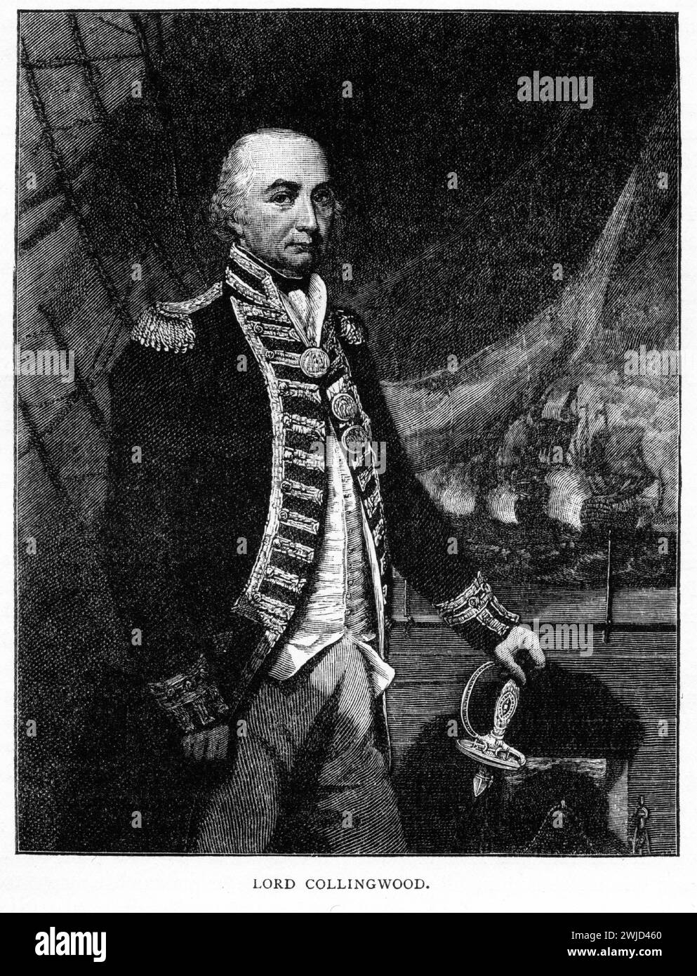Gravur von Konteradmiral Cuthbert, Lord Collingwood (1748-1810), 1. Baron Colingwood. Der Freund und Nachfolger von Nelson, Collingwood's eigentümliche Persönlichkeit hinderte ihn daran, irgendeine Popularität seines Häuptlings zu erreichen, aber er arbeitete sich zu Tode für das, was er für das Gute des Dienstes hielt. Stockfoto