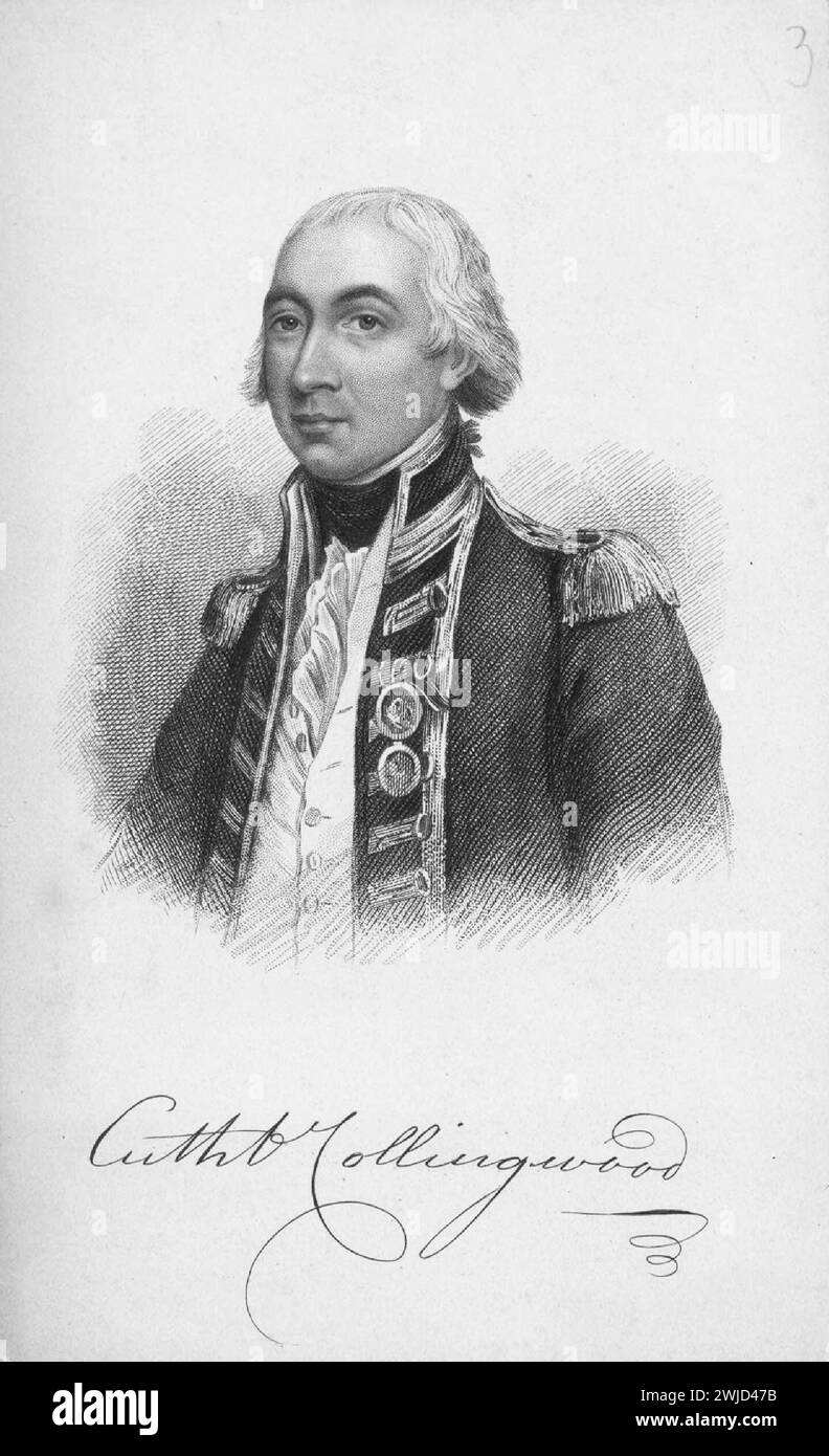 Gravur von Konteradmiral Cuthbert, Lord Collingwood (1748-1810), 1. Baron Colingwood,. Der Freund und Nachfolger von Nelson, Collingwood's eigentümliche Persönlichkeit hinderte ihn daran, irgendeine Popularität seines Häuptlings zu erreichen, aber er arbeitete sich zu Tode für das, was er für das Gute des Dienstes hielt. Stockfoto