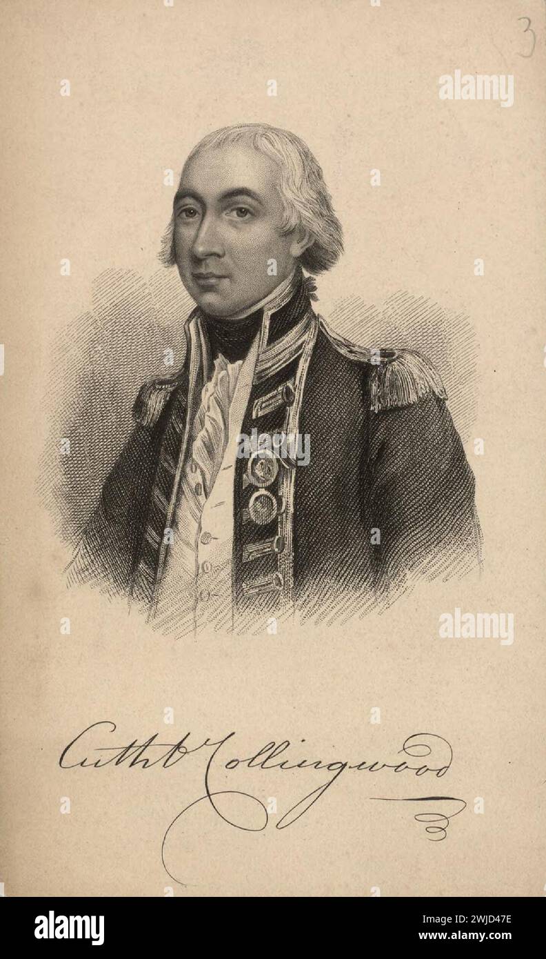 Gravur von Konteradmiral Cuthbert, Lord Collingwood (1748-1810), 1. Baron Colingwood,. Der Freund und Nachfolger von Nelson, Collingwood's eigentümliche Persönlichkeit hinderte ihn daran, irgendeine Popularität seines Häuptlings zu erreichen, aber er arbeitete sich zu Tode für das, was er für das Gute des Dienstes hielt. Stockfoto