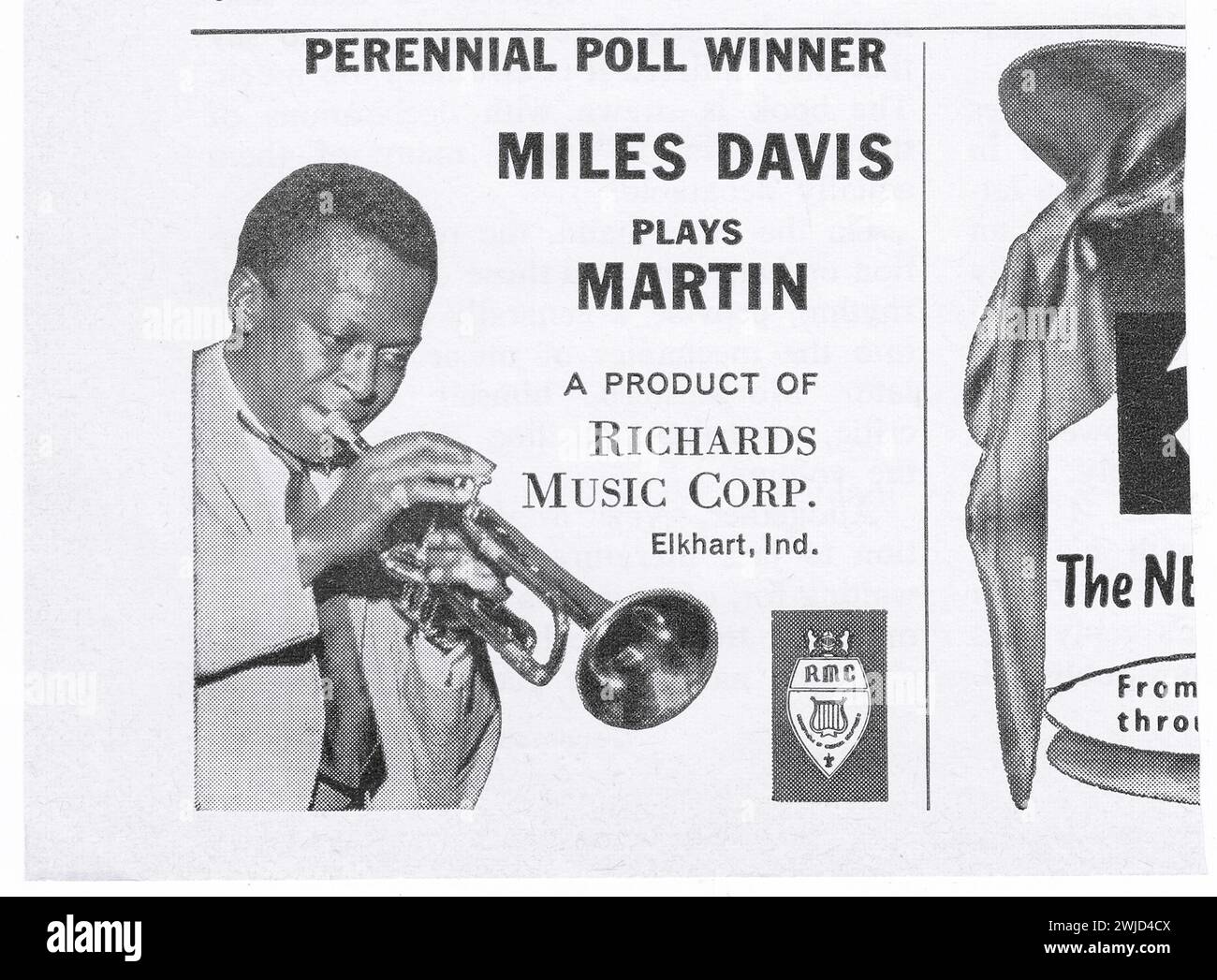 Ein Werbespot für Martin-Trompeten mit Jazz-Superstar Miles Davis. Aus einem Musikmagazin der frühen 1960er Jahre. Stockfoto