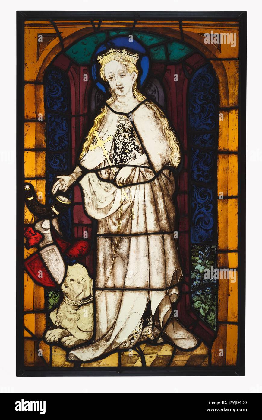 Saint Margaret; unbekannter Hersteller, deutsch; um 1420–1430; Pot-Metal und farbloses Glas, Glasfarbe und Silberfleck; Blei kam. Hier ist Margarete zu sehen, die die Ketten eines gedämpften Drachen hält, während sie das Wappen eines Spenders segnet. Die zart gemalten Merkmale des heiligen, sorgfältig gestaltete Kostüme und bezaubernde Darstellung von Glockenblöcken Stockfoto