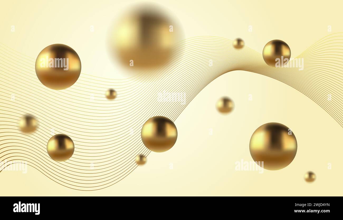 Abstrakter Vektor-Hintergrund mit goldenen Metallkugeln. Trendiger Vektor-Hintergrund im realistischen Stil mit Gold. Stock Vektor
