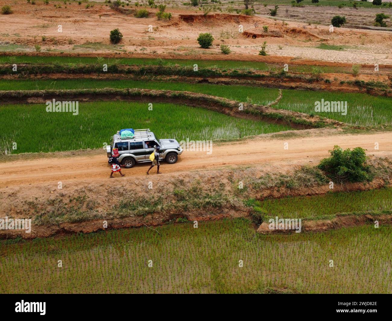 Madagaskar mit dem Auto, über Reisfelder. Stockfoto