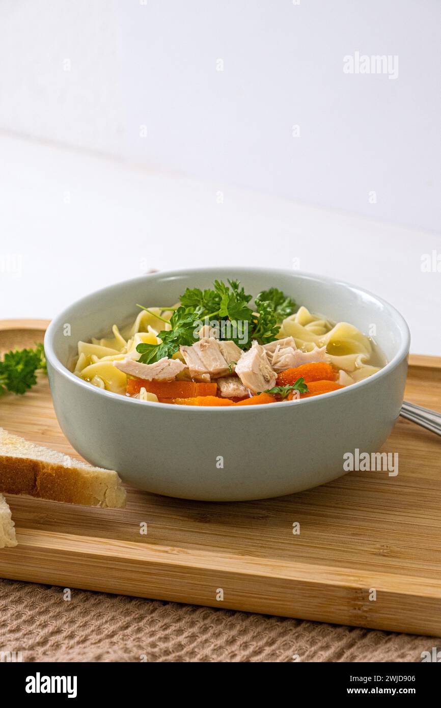 Hühnernudelsuppe. Hausgemachtes Mittagessen. Vertikales Foto Stockfoto