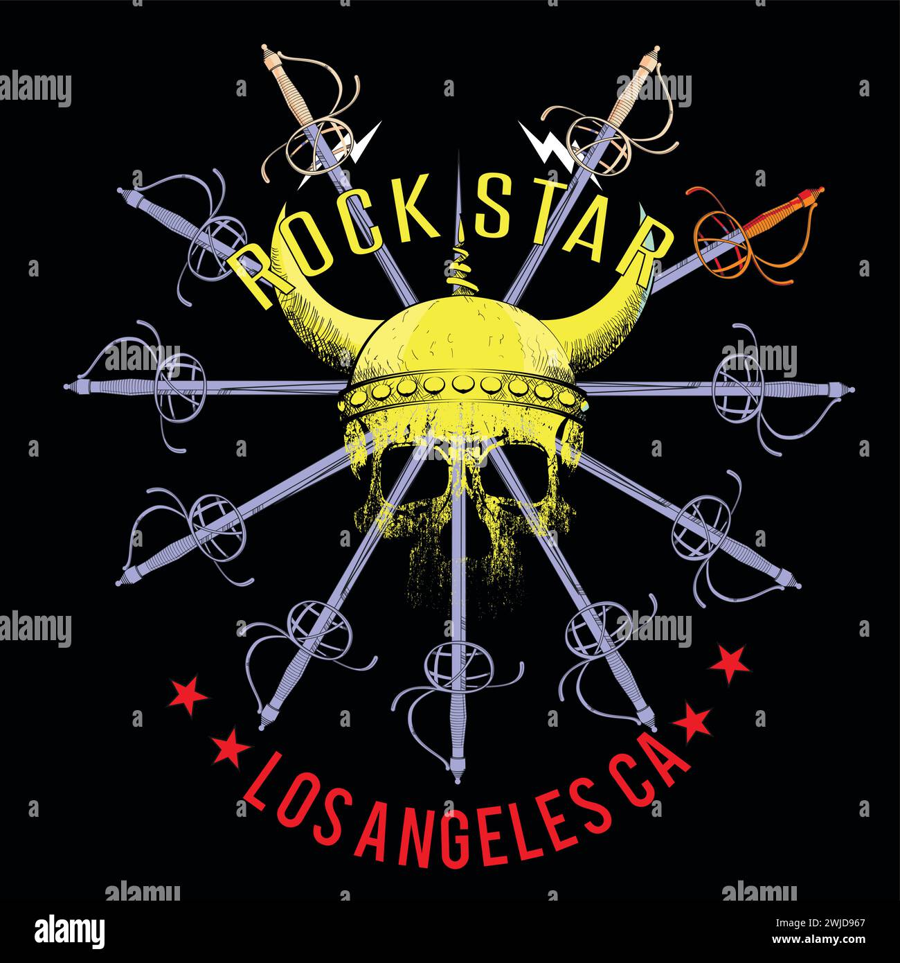 Rockstar. Los Angeles. Wikingerschädel und Renaissance-Schwerter. Stock Vektor