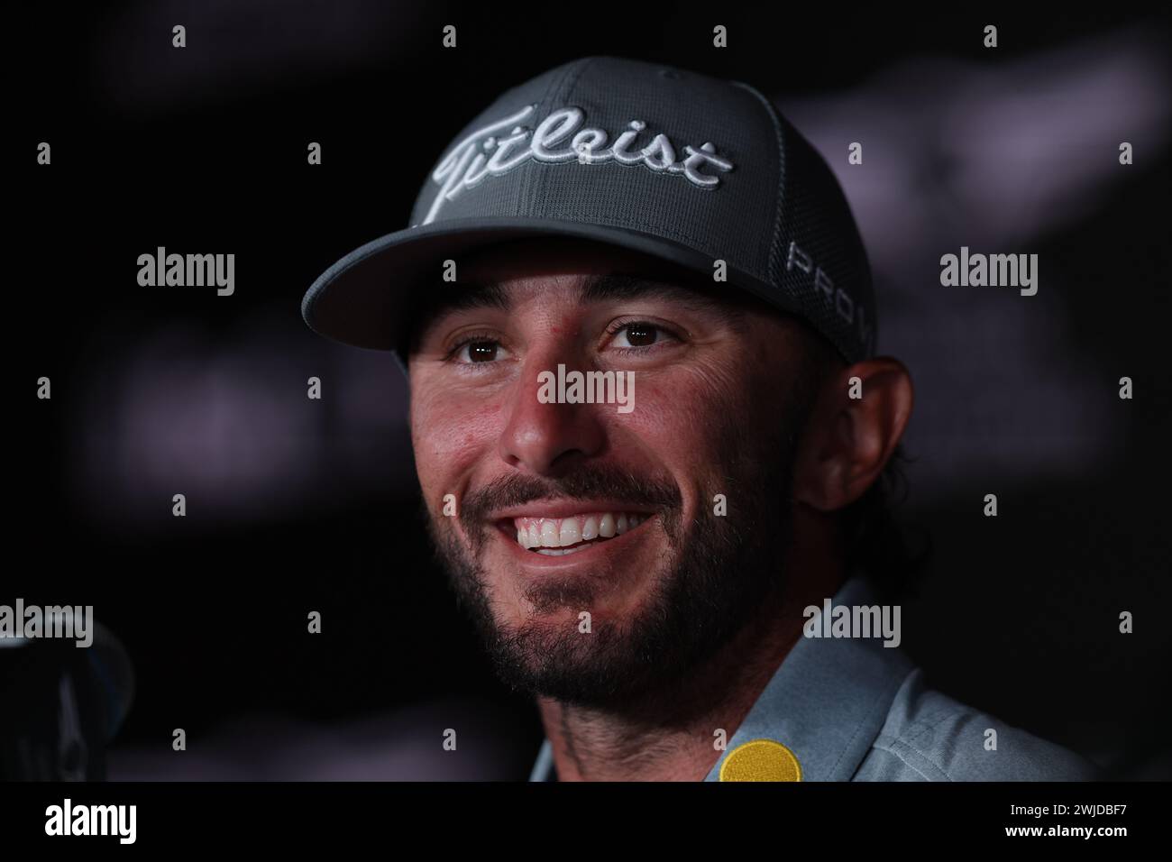 Pacific Palisades, Kalifornien, USA. Februar 2024. MAX HOMA spricht auf einer Pressekonferenz, nachdem er am Mittwoch eine Pro-am-Runde im Genesis Invitational in Pacific Palisades, Kalifornien gespielt hat (Credit Image: © Brenton TSE/ZUMA Press Wire). Nicht für kommerzielle ZWECKE! Stockfoto