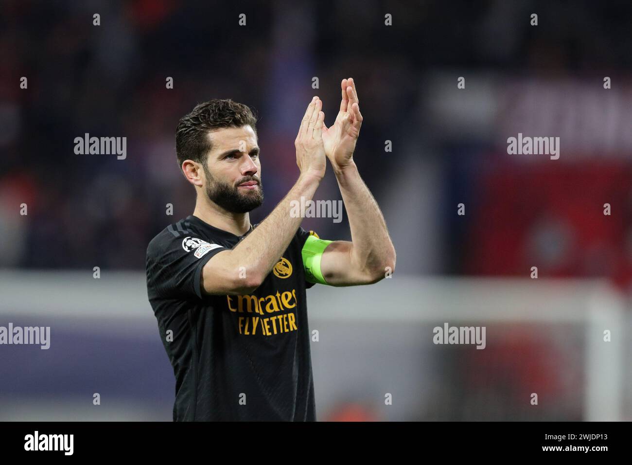 Leipzig, Deutschland. Februar 2024. Jose Ignacio Fernandez Iglesias (Naho) von Real Madrid feiert ihren Sieg nach dem UEFA Champions League-Spiel zwischen RB Leipzig und Real Madrid in der RedBull Arena. Endstand; RB Leipzig 0:1 Real Madrid. (Foto: Grzegorz Wajda/SOPA Images/SIPA USA) Credit: SIPA USA/Alamy Live News Stockfoto