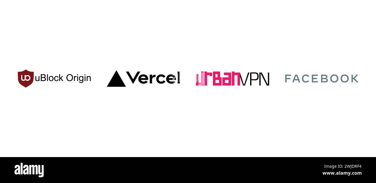 Vercel, Urban VPN, Facebook, uBlock Origin. Vektorillustration, redaktionelles Logo. Stock Vektor