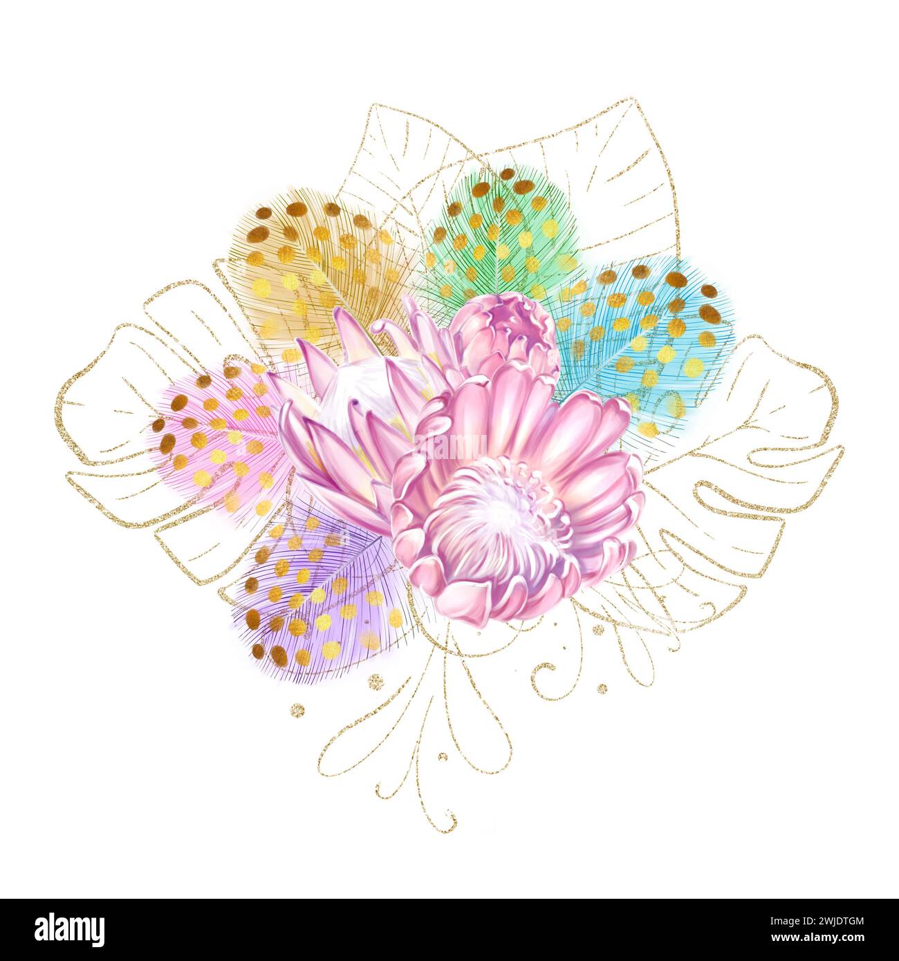 Tropisches Bouquet in Wasserfarben, Banner mit rosa Protea-Blumen und goldene Monsterablätter mit bunten Federn. Exotisches, luxuriöses und romantisches Design. Stockfoto