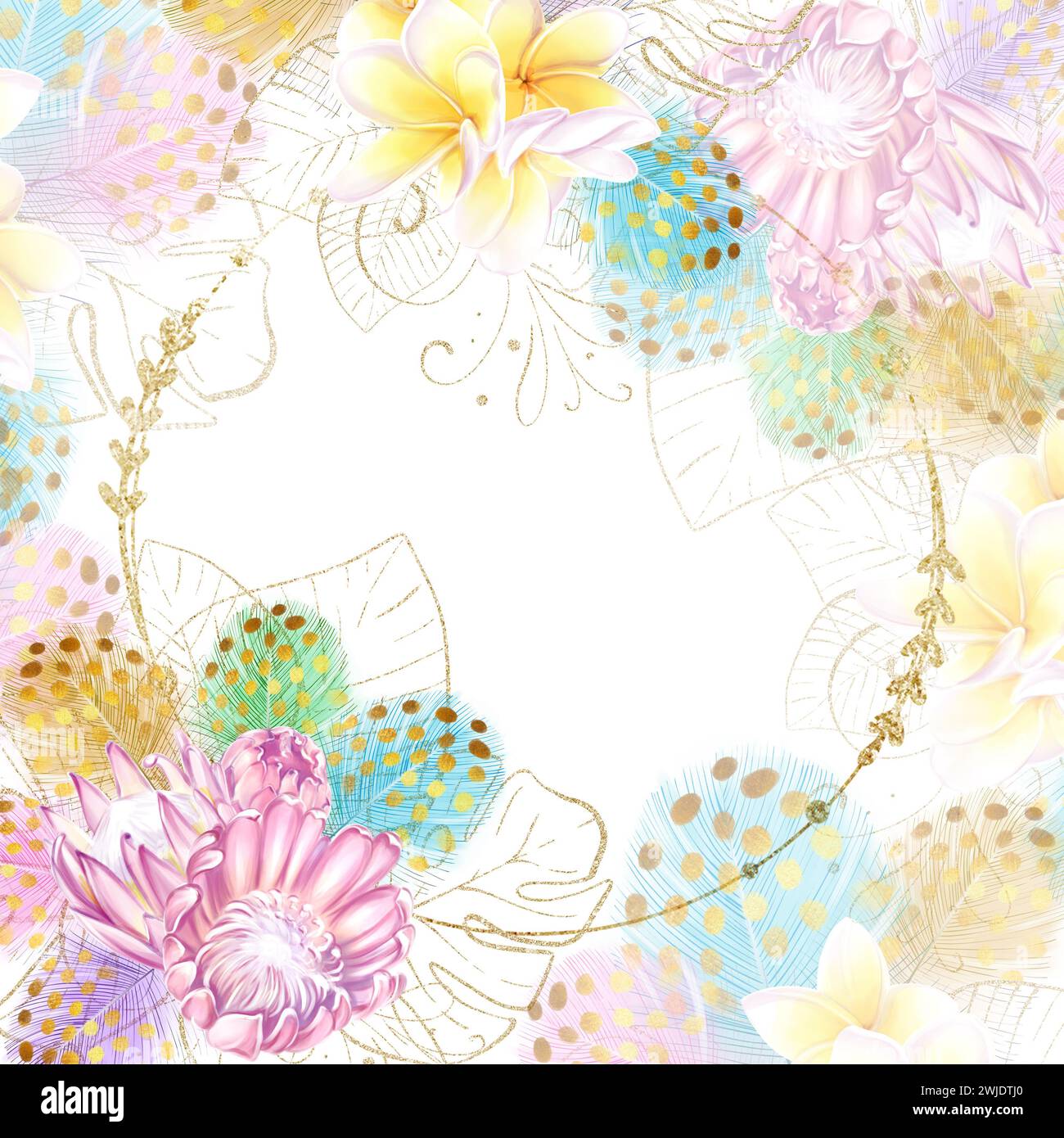 Runder tropischer Rahmen mit rosafarbenen Protea-Blüten und bunten Federn. Exotische Pflanzen, romantische, luxuriöse Vorlage für Design. Stockfoto