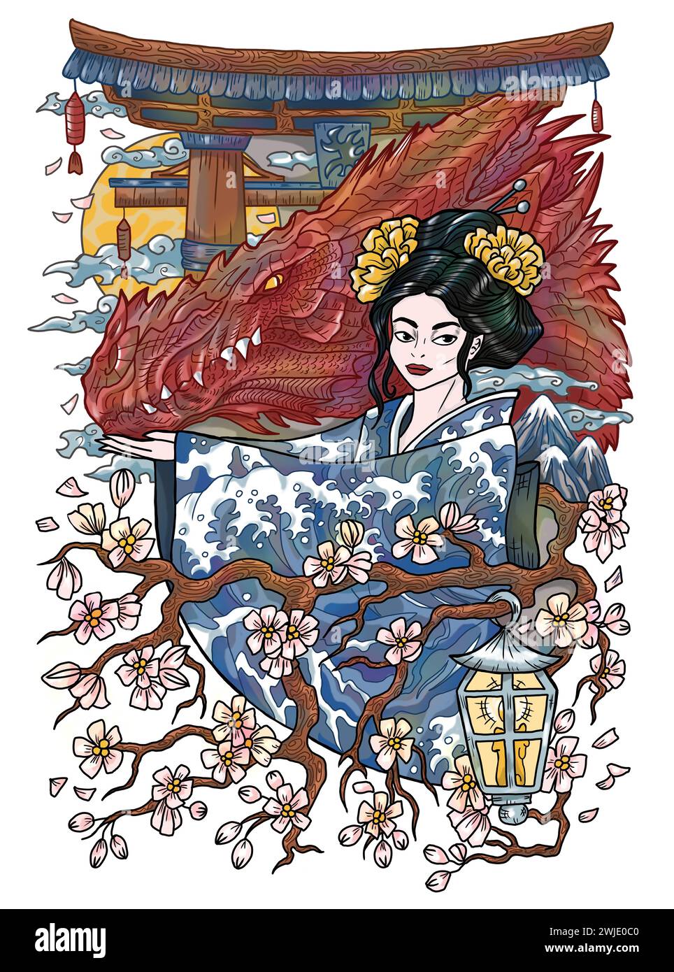 Illustration mit Fantasy-Gravur mit wunderschöner asiatischer Frau als Hexe oder Zauberer isoliert auf weißem Hintergrund. Handgezeichnete bunte Grafik mit Ethni Stockfoto