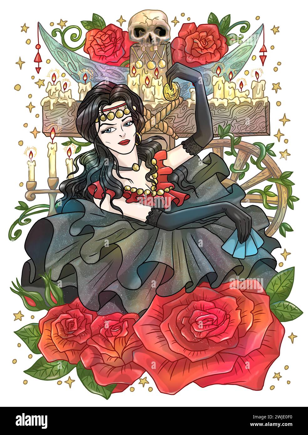 Illustration mit Fantasy-Gravur mit schöner Zigeunerfrau als Hexe oder Zauberer isoliert auf weißem Hintergrund. Handgezeichnete bunte Grafik mit Ethni Stockfoto