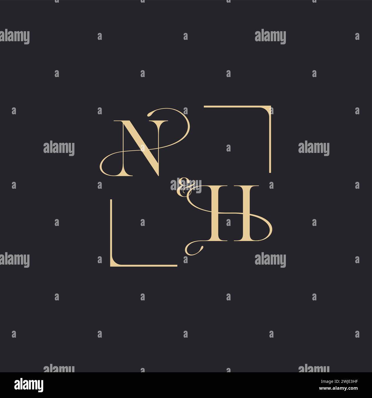 NH einfaches Konzept des Hochzeitsumrisses Logo und Quadrat des ursprünglichen Designs Gold auf weißem Hintergrund Stock Vektor