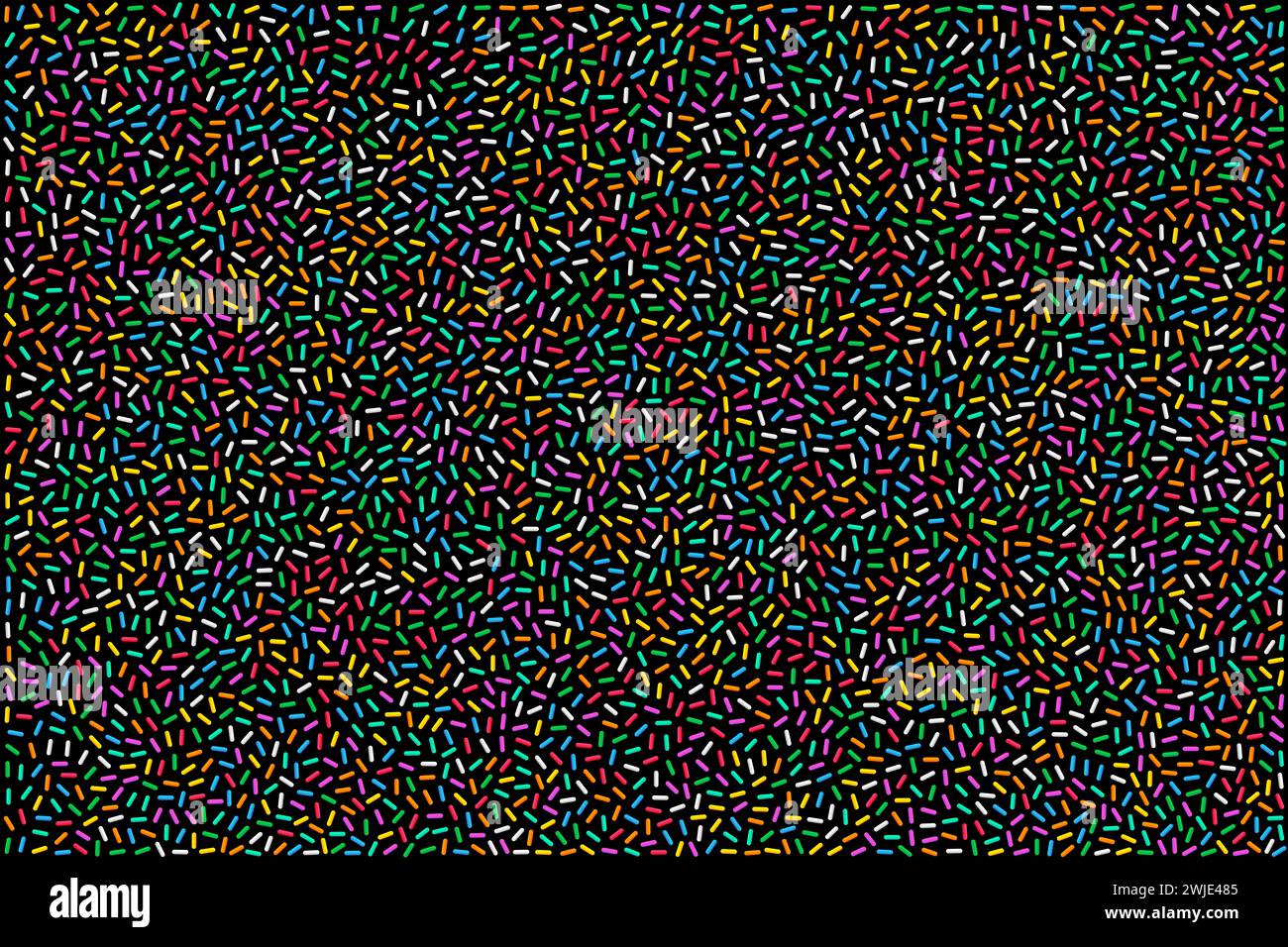 Bunte Regenbogenstreuer auf schwarzem Hintergrund. Bunte, stabförmige Zuckerstreusel, kleine Süßigkeiten in acht verschiedenen Farben. Stockfoto