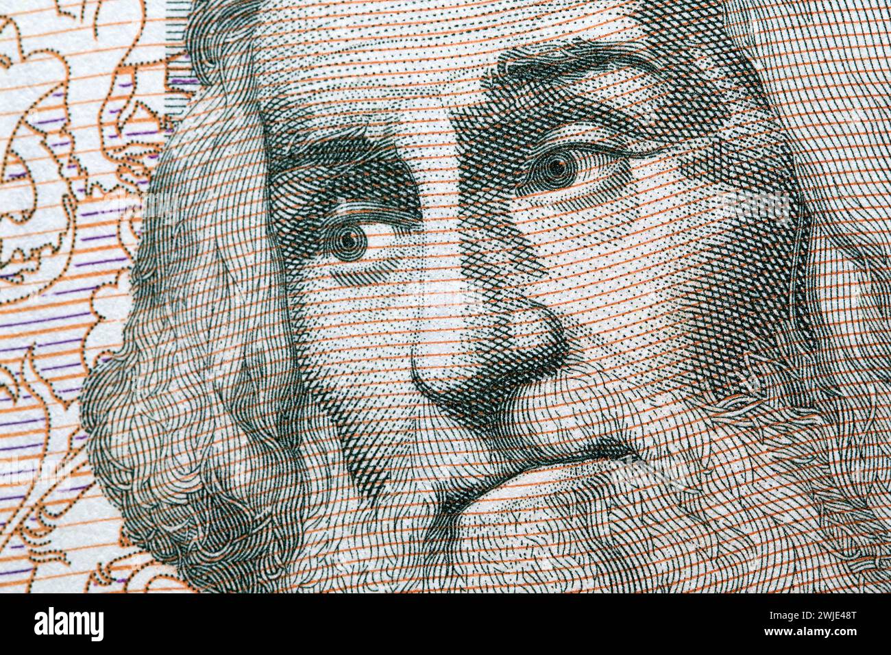 Marco Polo, ein Nahaufnahme-Porträt von altem italienischem Geld - Lire Stockfoto