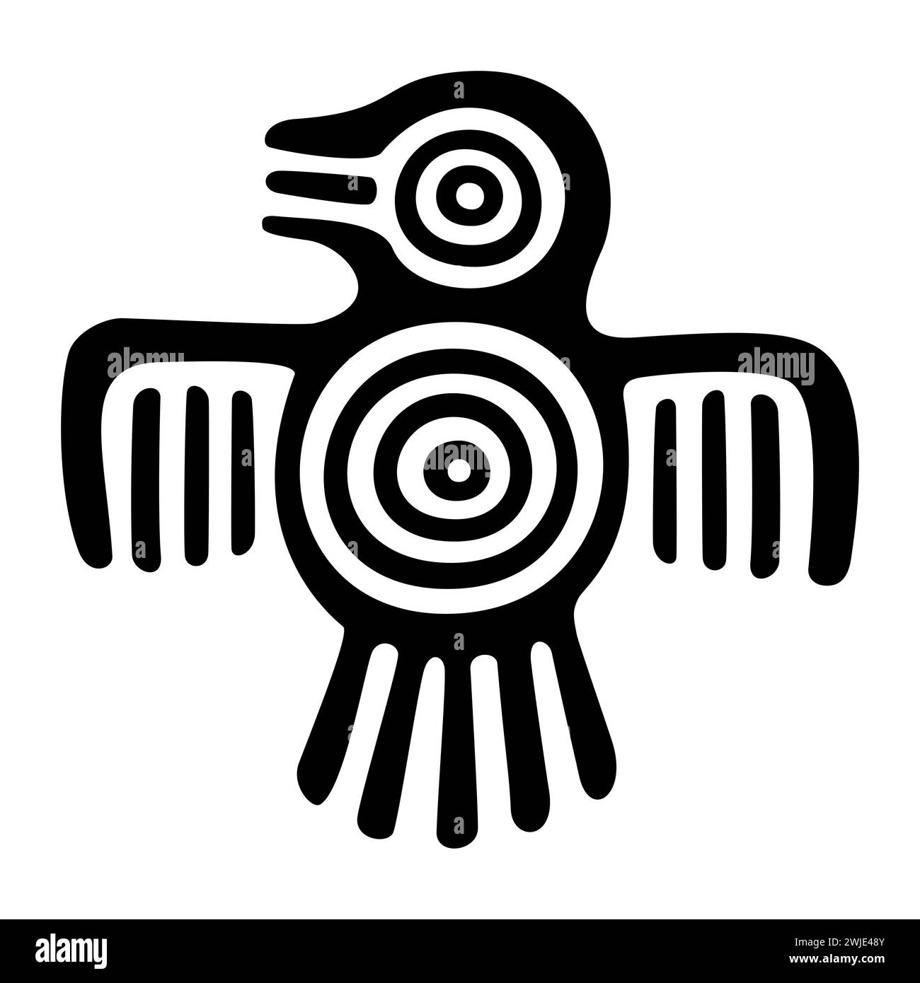 Fantastisches Vogelsymbol des alten Mexiko. Aztekische flache Stempelmotive, die einen Vogel zeigen, wie er in Tenochtitlan, dem historischen Zentrum von Mexiko-Stadt, gefunden wurde. Stockfoto