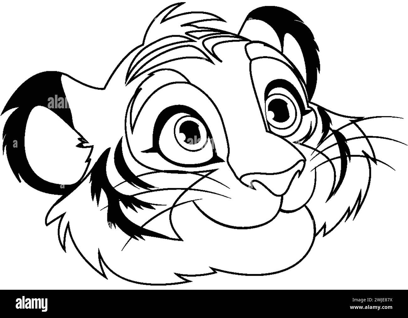 Schwarz-weiß-Zeichnung eines fröhlichen jungen Löwen. Stock Vektor