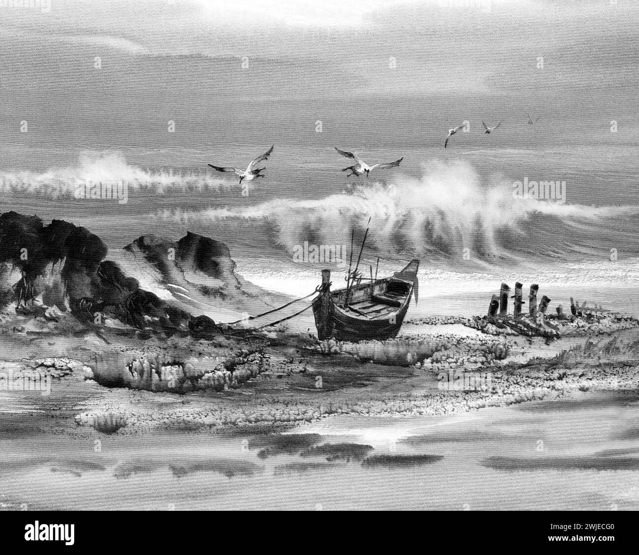 Monochrome Fotografie Schwarz-weiß Original Aquarellmalerei SEA Beach phuket thailand Stockfoto