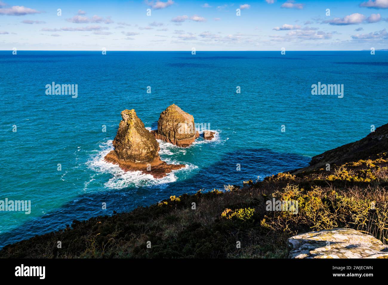 Blick hinunter zu den Sisters Rocks von Willapark, Tintagel, Cornwall, Großbritannien Stockfoto