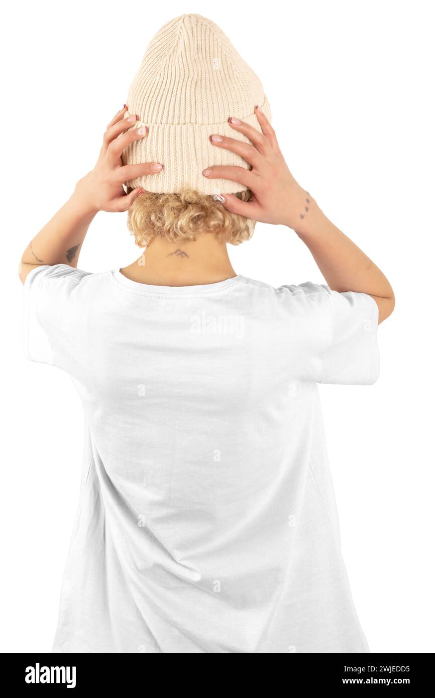 Frau mit weißem T-Shirt, weißem Hintergrund. Modell, leer, bereit für Design. Stockfoto