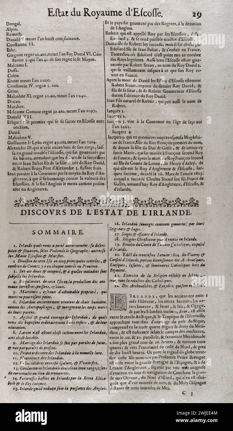"Les Estats, Empires, Royaumes et Principautez du Monde" (die Staaten, Reiche, Königreiche und Fürstentümer der Welt), von D. T. V. Y. (Pierre d'Avity, 1573-1635). Erklärung des Staates Irland, Zusammenfassung. Ausgabe gedruckt in Genf von Samuel Chouët, 1665. Stockfoto "Les Estats, Empires, Royaumes et Principautez du Monde" (die Staaten, Reiche, Königreiche und Fürstentümer der Welt), von D. T. V. Y. (Pierre d'Avity, 1573-1635). Erklärung des Staates Irland, Zusammenfassung. Ausgabe gedruckt in Genf von Samuel Chouët, 1665. Stockfoto