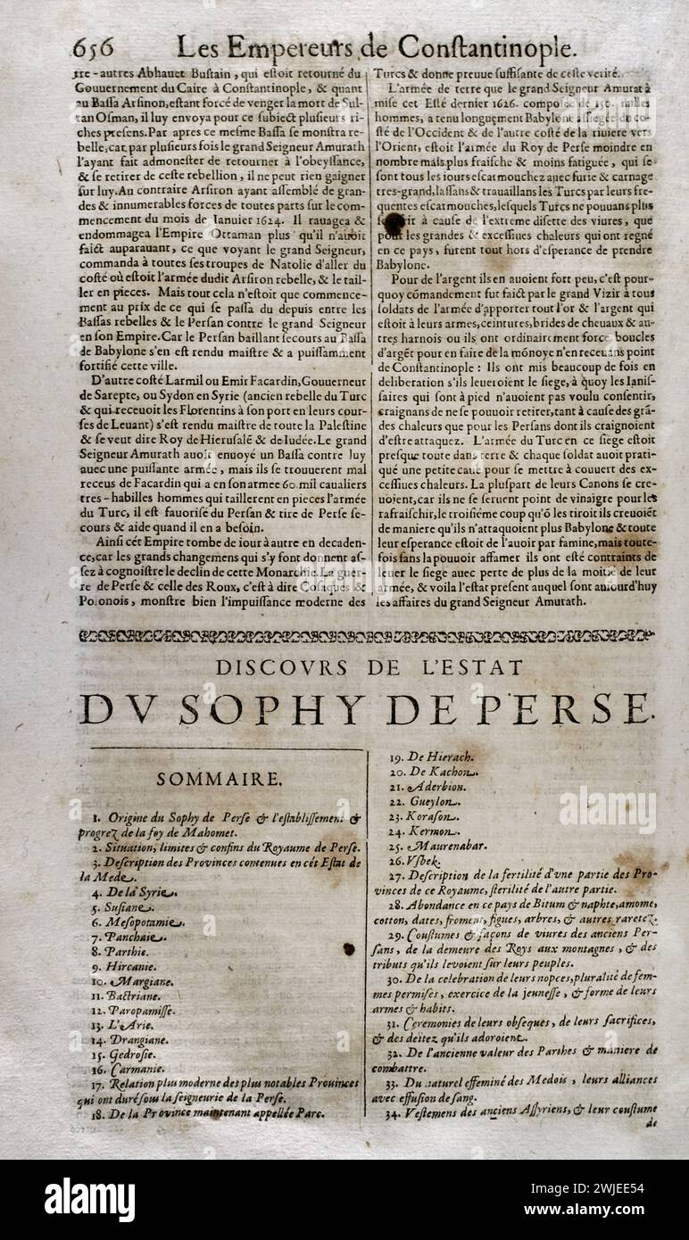 "Les Estats, Empires, Royaumes et Principautez du Monde" (die Staaten, Reiche, Königreiche und Fürstentümer der Welt), von D. T. V. Y. (Pierre d'Avity, 1573-1635). Erklärung des Staates der Persischen Safawiden, Zusammenfassung. Ausgabe gedruckt in Genf von Samuel Chouët, 1665. Stockfoto "Les Estats, Empires, Royaumes et Principautez du Monde" (die Staaten, Reiche, Königreiche und Fürstentümer der Welt), von D. T. V. Y. (Pierre d'Avity, 1573-1635). Erklärung des Staates der Persischen Safawiden, Zusammenfassung. Ausgabe gedruckt in Genf von Samuel Chouët, 1665. Stockfoto