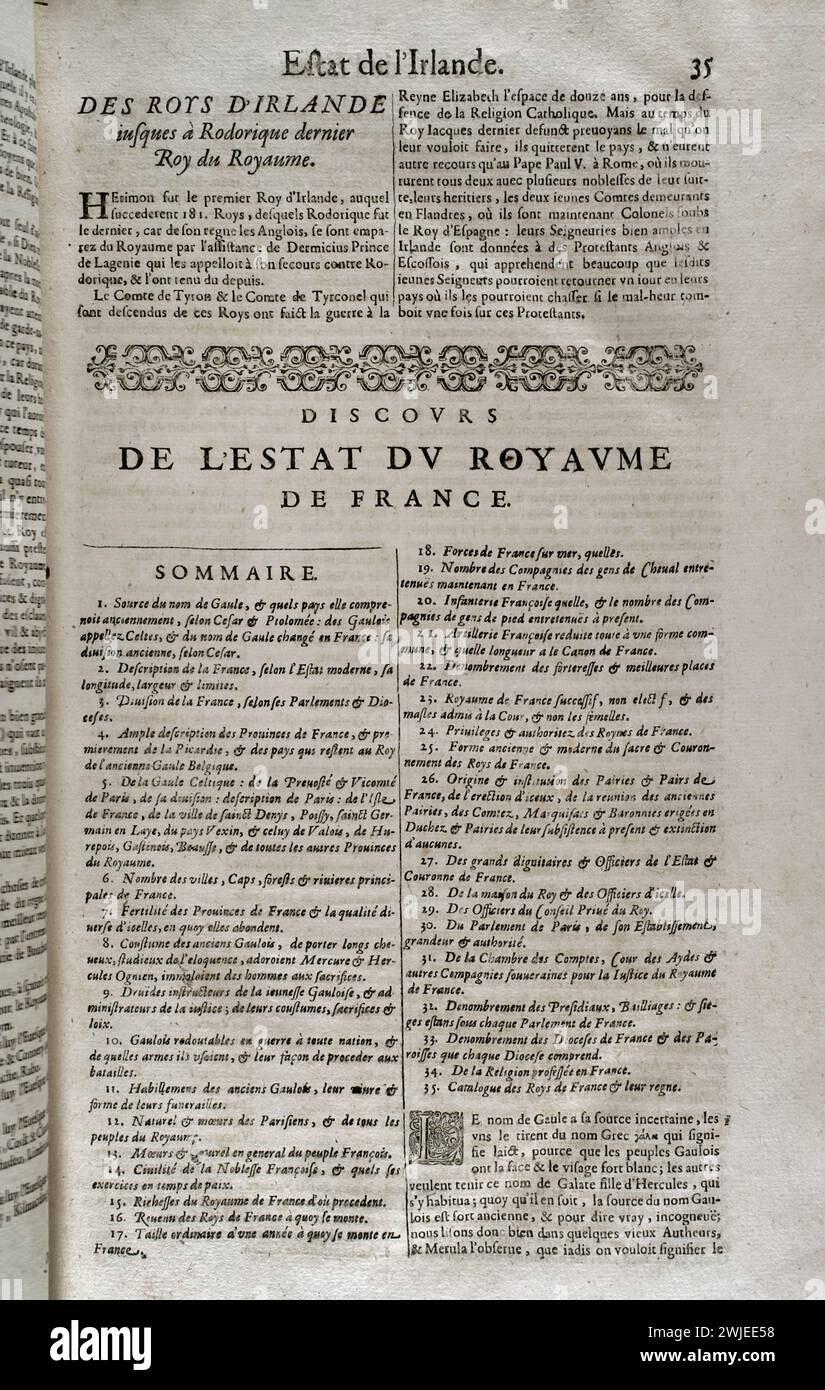 "Les Estats, Empires, Royaumes et Principautez du Monde" (die Staaten, Reiche, Königreiche und Fürstentümer der Welt), von D. T. V. Y. (Pierre d'Avity, 1573-1635). Erklärung des Staates des Königreichs Frankreich, Zusammenfassung. Ausgabe gedruckt in Genf von Samuel Chouët, 1665. Stockfoto "Les Estats, Empires, Royaumes et Principautez du Monde" (die Staaten, Reiche, Königreiche und Fürstentümer der Welt), von D. T. V. Y. (Pierre d'Avity, 1573-1635). Erklärung des Staates des Königreichs Frankreich, Zusammenfassung. Ausgabe gedruckt in Genf von Samuel Chouët, 1665. Stockfoto